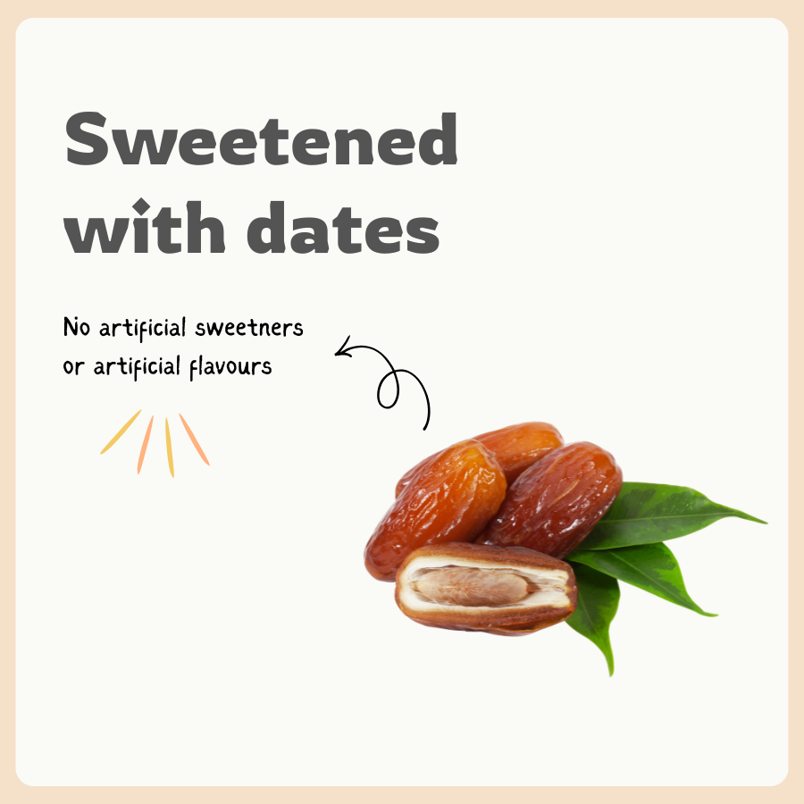 Naturally sweetened with dates, no refined sugar used in oats