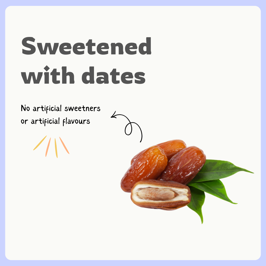 Naturally sweetened with dates, no refined sugar used in oats