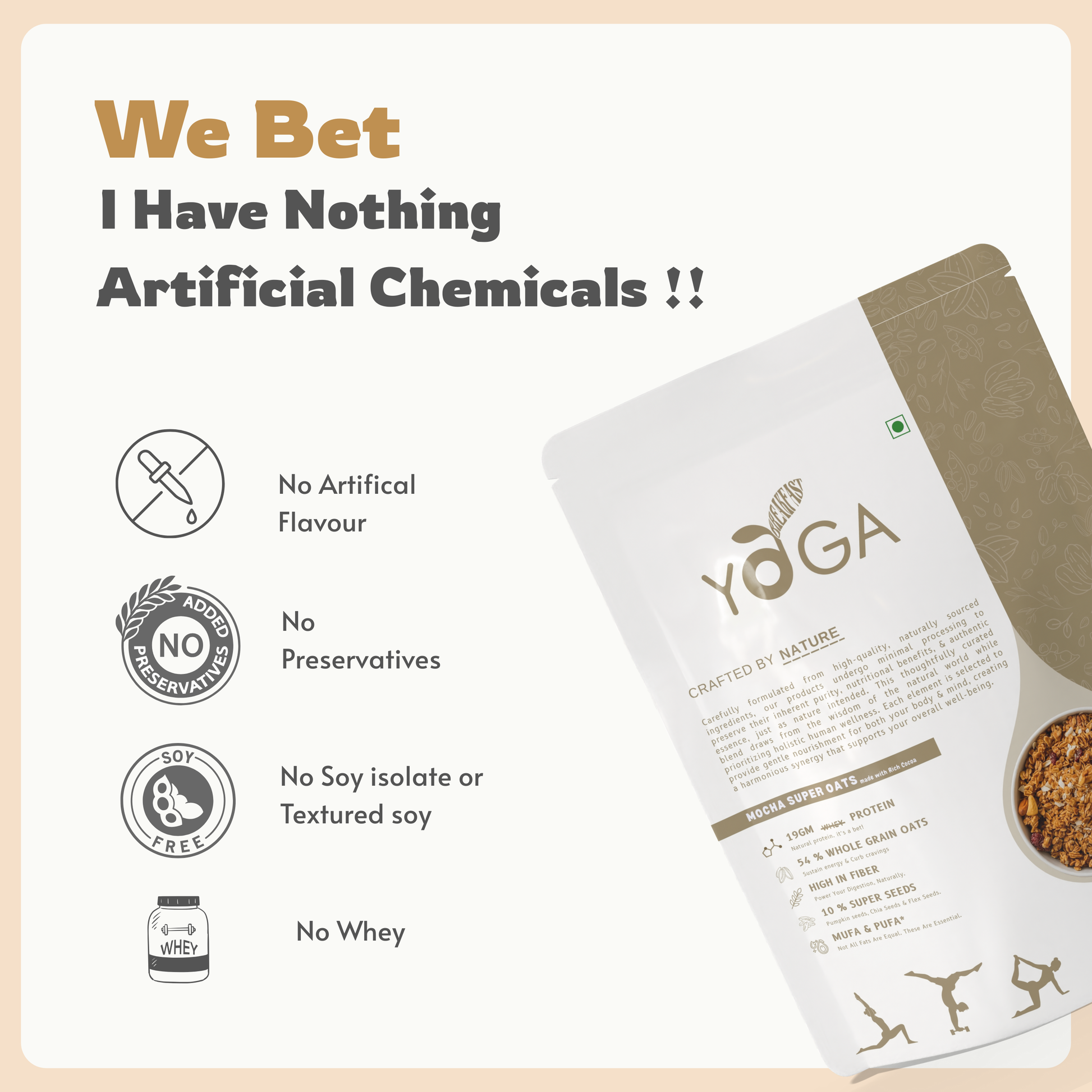 Ingredient-first approach showing focus on clean, natural ingredients in high-protein oats, with no artificial flavor, no preservatives, no soy isolate or textured soy 