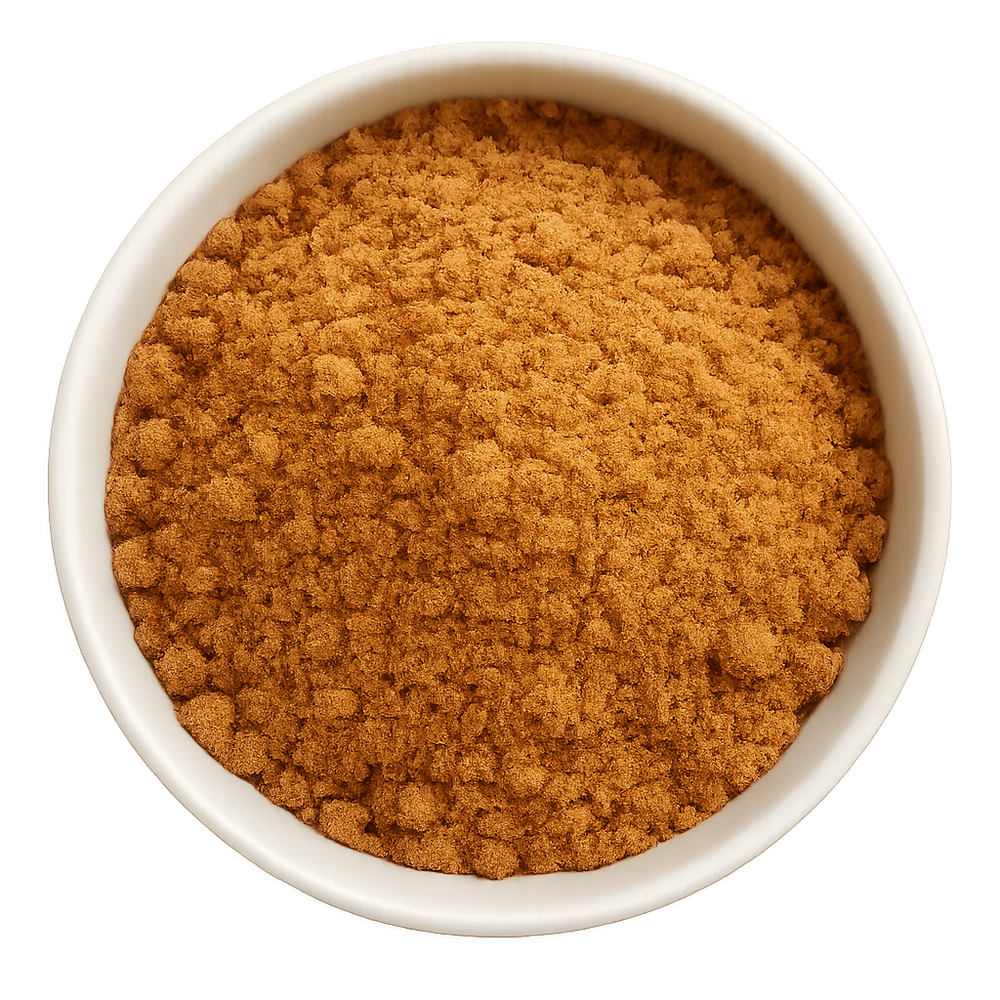 Organic jaggery powder made from unrefined sugarcane, natural chemical-free sweetener for healthy cooking and baking